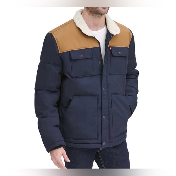 Levi's  Woodsman Men's Navy and Brown Puffer Jacket - Picture 3 of 16
